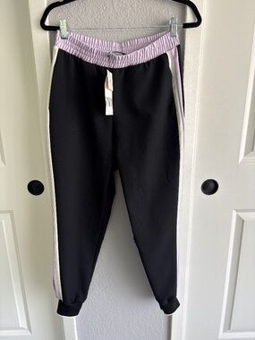 NWT Zara Womens Black Violet White Side Stripe Jogger Pants Size S Elastic Waist